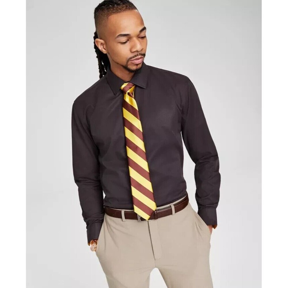 Tayion Collection Men's Brown & Gold Trim Slim Fit Dress Shirt L 16-16.5/ 34-35
